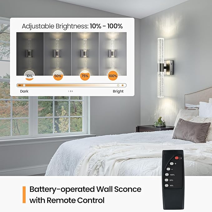 Wireless Wall Sconces Set of Two Battery Operated, 4000K Dimmable Crystal LED Bathroom Sconces Wall Lighting Modern Indoor Nickel Wall Lights for Bedroom Living Room