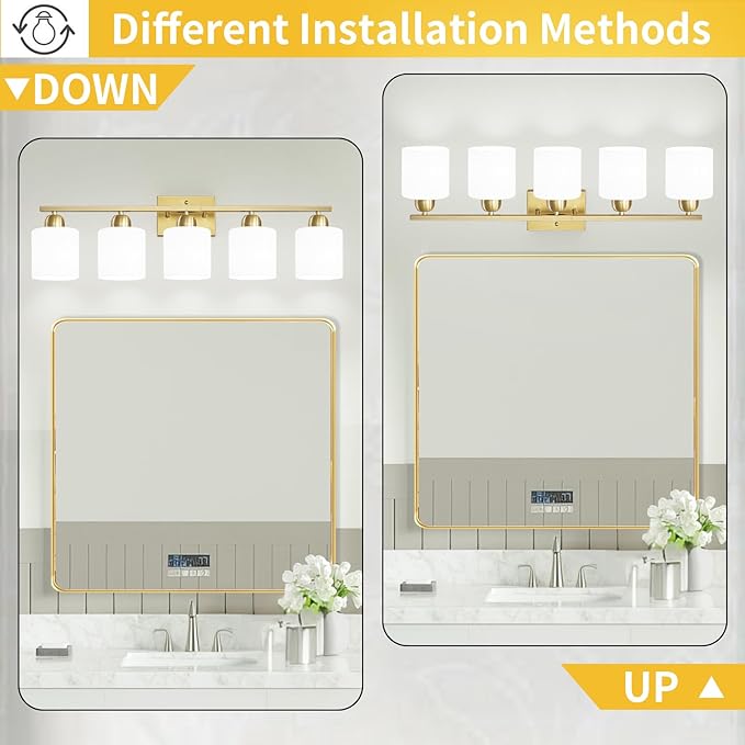 6 Light Gold Bathroom Vanity Light for Large Mirror, Gold Vanity Lights for Bathroom with Milky White Frosted Glass Shades, 38 inch Wall Lamp for Mirrors Living Room E26 Base