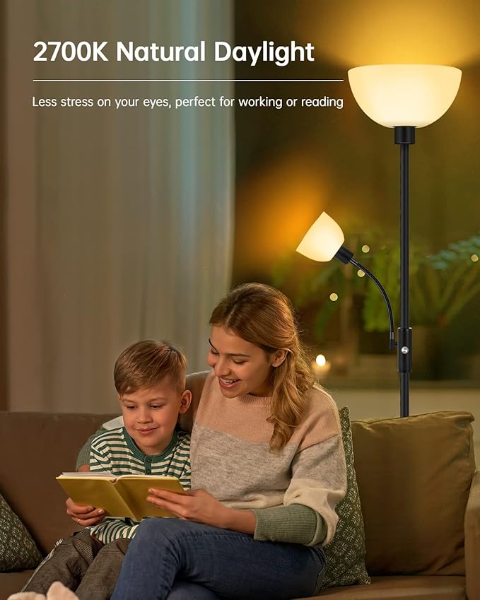 Floor Lamps for Living Room Black, 71" Tall Pole Bedroom Light, Bright Floor Lamp with Adjustable Reading Light, Simple Standing Lamp, White Plastic Lampshade, 3-Way Rotary Switch, Modern Mid-Century