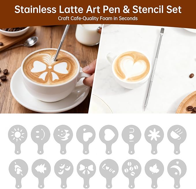 9 Pcs Espresso Accessories Kit, 58mm Espresso Tamper Tools, with Wooden Espresso Tamping Station, Distributor, Stirrer, Dosing Funnel,Puck Screen, Brush, Latte Art Pen and Decorative Stencils