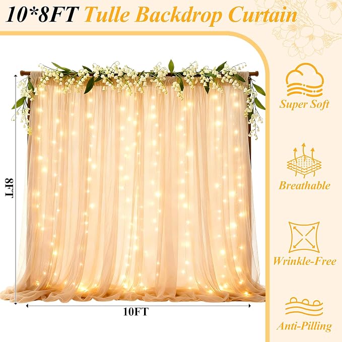 Ledido 3 Pack 10×8ft Champagne Tulle Backdrop Curtain with Lights String - 900LED Fairy Light Sheer Curtain Backdrop for Wedding Baby Shower Photo Shoot Birthday Party Decor(6 Panels 5×8ft)，Champagne