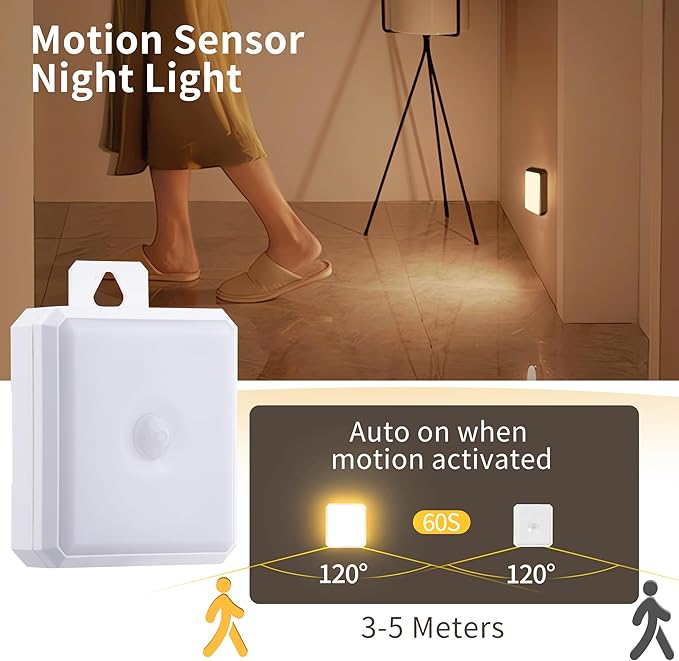 Motion Sensor Night Light Indoor - Cordless Battery Powered Under Cabinet Lighting, Stick-on Magnet LED Closet Lights, Safe Light for Stairs, 4000K Nightlight 3-Pack (Blue)
