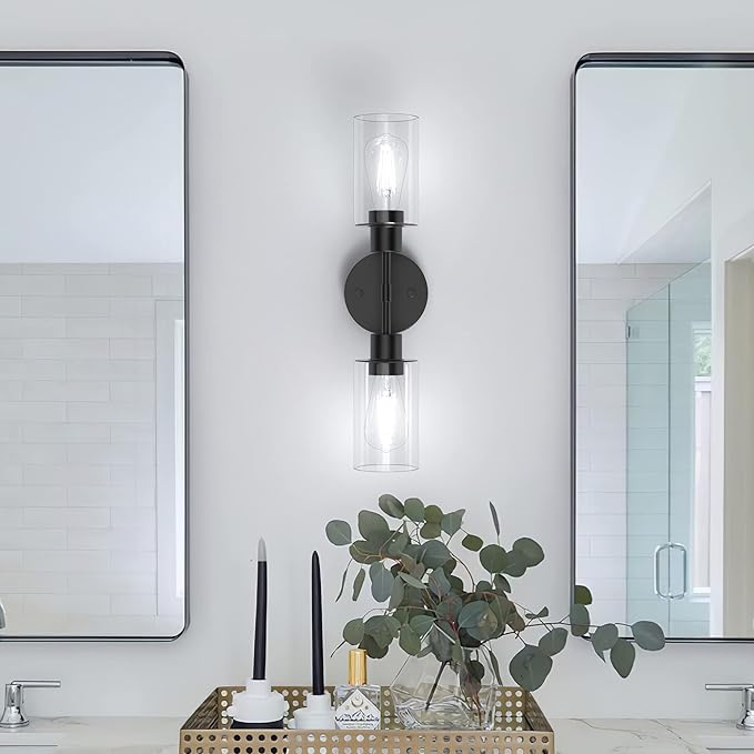 Espird Bathroom Light Fixtures 2 Light Black, Bathroom Vanity Lights Over Mirror, Bathroom Sconces Wall Lighting，Farmhouse Matte Black Bathroom Vanity Light, Modern Vanity Lights with Clear Shades