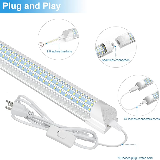 SHOPLED 8FT LED Shop Light, 90W 11700LM 6000K Cool White, Super Bright 300° D-Shape, Linkable T8 Tube Light Fixtures, 4 Pack 8 Foot LED Lights for Garage, Warehouse, Workshop