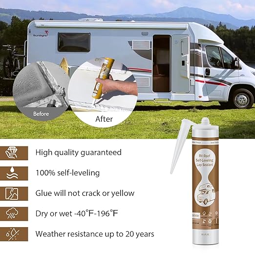 Self Leveling RV Roof Sealant, RV Sealant White, Camper Roof Sealant, Flexible RV Caulk for Camper, Skylight, Trailer Repair (2 Pack)