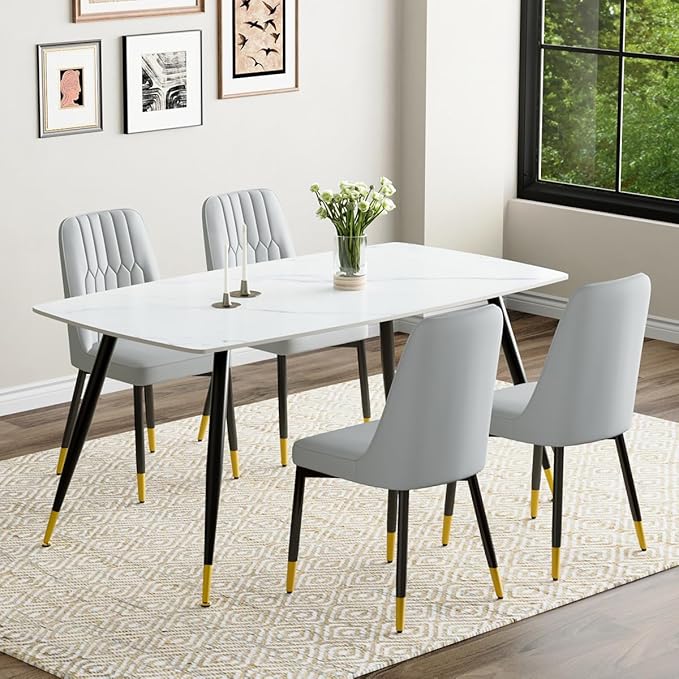 White Dining Table Set for 4, 62'' Dining Table Set for 4, Sintered Stone Dining Room Sets for 4, Easy to Assemble