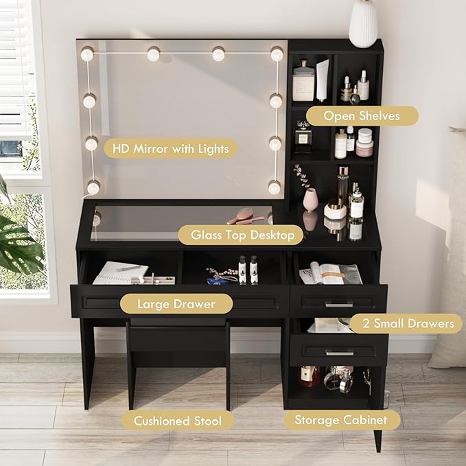 Fameill Makeup Vanity Desk with Lights,Glass Top Vanity Table with Lighted Mirror,Large Makeup Desk with 3 Drawers and Cabinets,3 Color Lighting Modes with Adjustable Brightness,Black