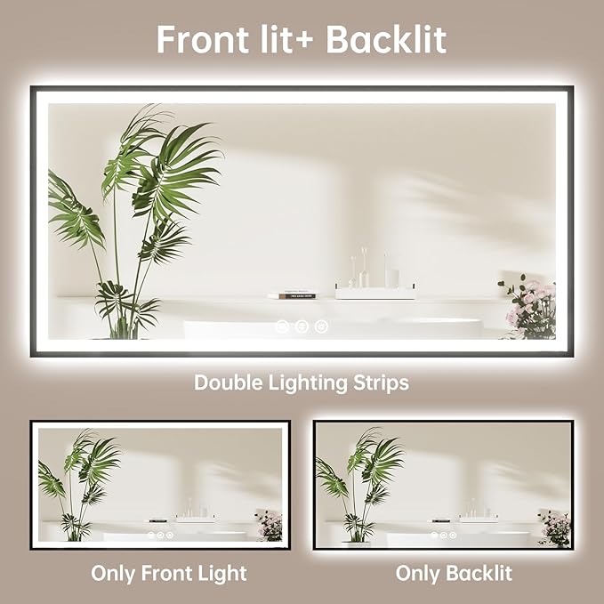55x30 LED Bathroom Mirror with Lights, Black Aluminum Framed, Backlit + Front Lit, Lighted Bathroom Vanity Mirror for Wall, Anti-Fog, Memory Function, Dimmable, Shatterproof ETL Listed