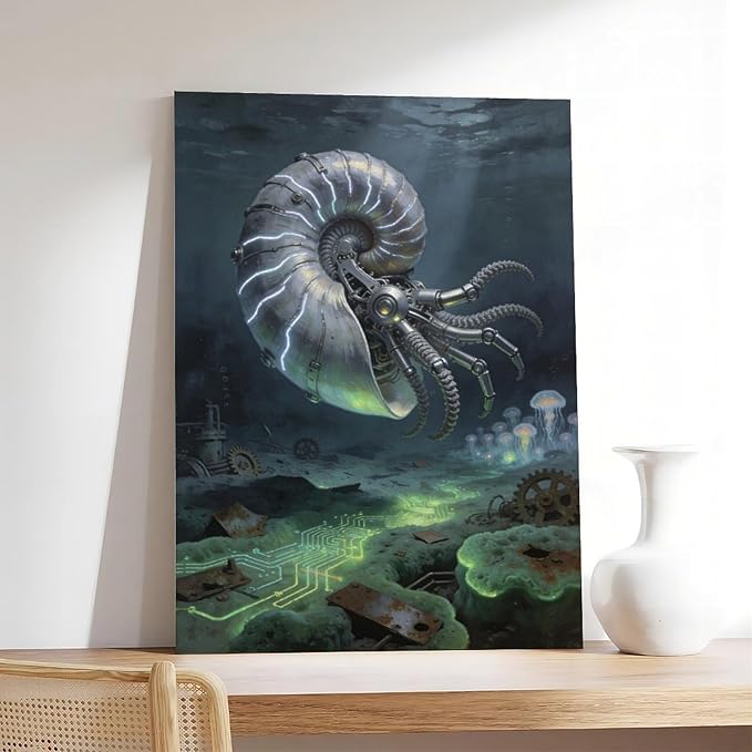 Framed Steampunk Mechanical Nautilus Wall Art - Underwater Industrial Poster for Man Cave Studio Decor 12x18inch(30x45cm)