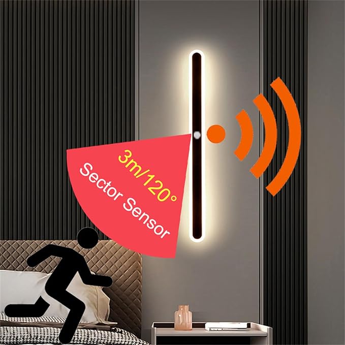 Modern LED Wall Sconce with Motion Sensor Interior Acrylic Black Wall Lamp Indoor Minimalist Long Wall Light Inside Lighting Fixtures for Living Room Bathroom Front Door Bedroom (180CM,Warm Light)