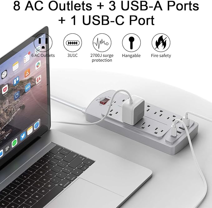 Surge Protector Power Strip - Nuetsa Flat Plug Extension Cord with 8 Outlets and 4 USB Ports, 10 Feet Power Cord (1625W/13A), 2700 Joules, ETL Listed, Grey