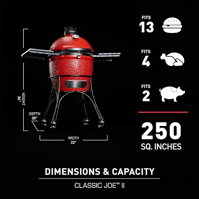 Kamado Joe Classic Joe Series II 18-inch Ceramic Charcoal Grill and Smoker with Cart, Side Shelves, Stainless Steel Grates and 250 Cooking Square Inches in Red, Model KJ-23RHC