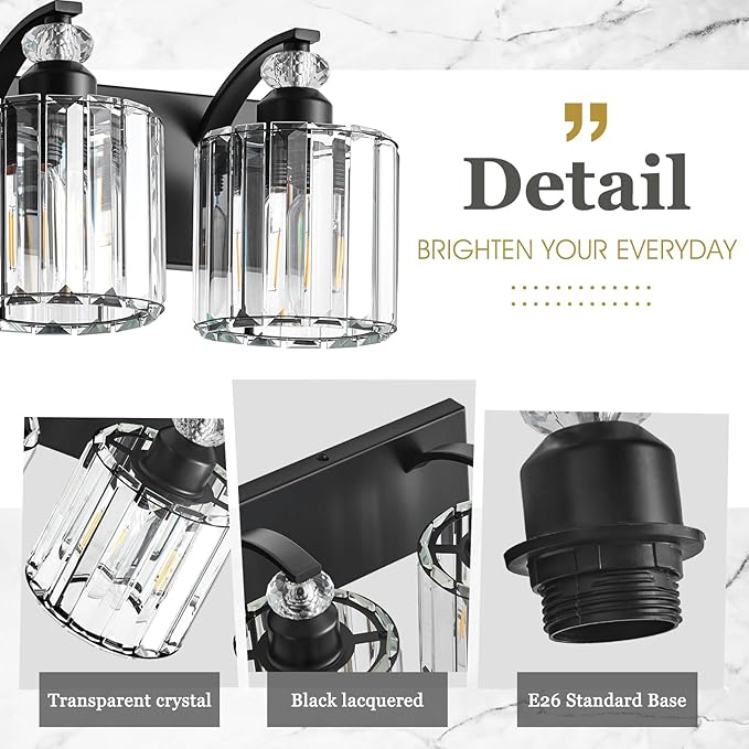 5-Light Black Bathroom Light Fixture Modern Vanity Lights Over Mirror Vintage Wall Sconce Lighting for Bathroom, Bedroom, Living Room, Hallway E26 Base with Crystal Bathroom Vanity Light