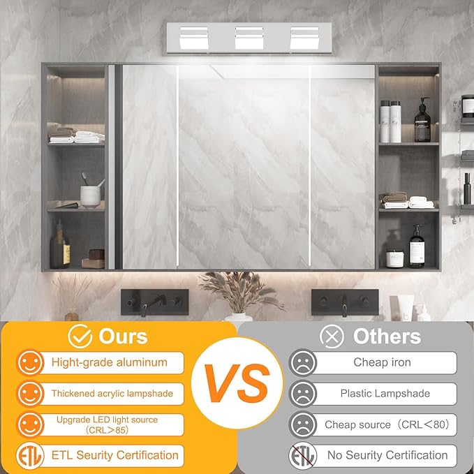 Ralbay LED Modern Bathroom Vanity Lights Chrome 3-Light 24inch Acrylic Modern Bathroom Wall Lighting Fixtures Over Mirror