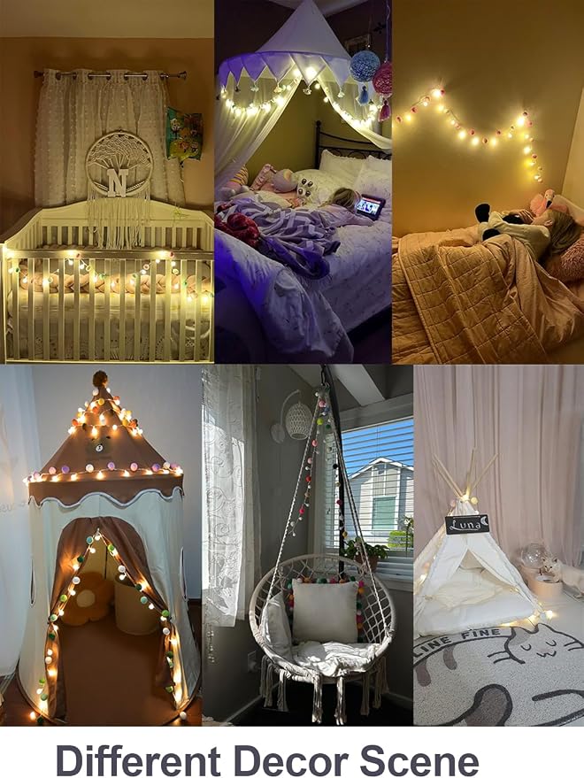 ChiRee Indoor String Lights 6.56 Feet Pom Poms Star Lights 20 LED Battery Operated String Fairy Lights Warm White Star Lights Colorful Decor Lights for Home Bedroom Kids Playhouse Holiday Christmas