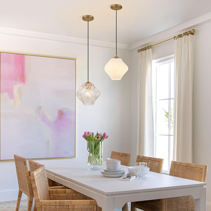 Milk White Glass Pendant Light, Mid Century Modern Ceiling Hanging Lights Fixture with Height Adjustable, Brass Gold Pendant Lighting for Kitchen Island, Hallway, Dining Room, Bedroom(2 Pack)