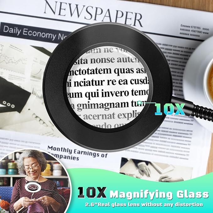 10X Magnifying Glass with Light, Clip on Mganifier with Light, 48 LED Desk Magnifying Glass wtih Clamp, 3 Modes Dimmable Magnifying LED Lamps for Bed Work Crafts DIY Repair