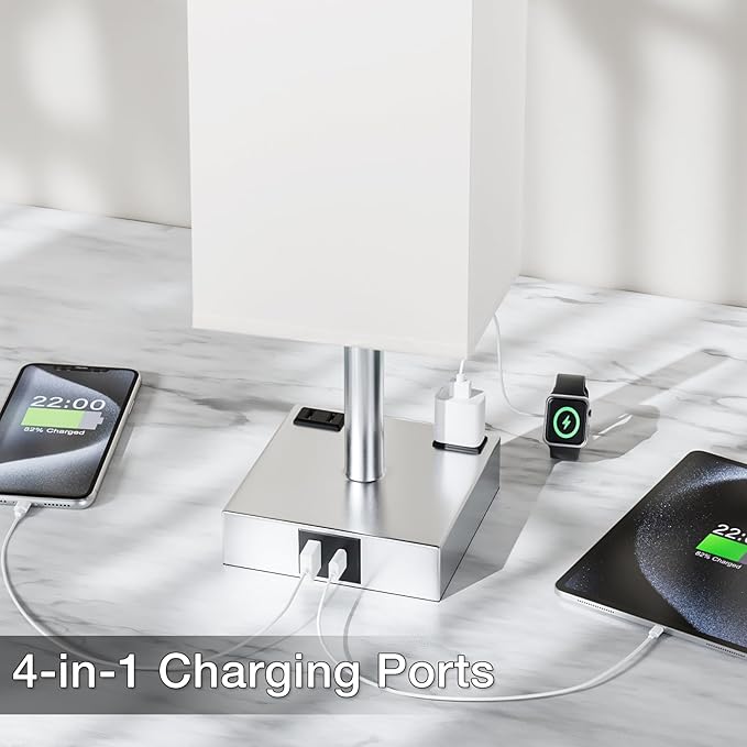 Touch Bedside Table Lamp for Nightstand - 3-Way Dimmable Night Lamp with USB A + Type C Charging Ports and Two AC Outlets, Small Desk Light with E26 LED Bulb for Bedroom Living Room Dorm Office,White