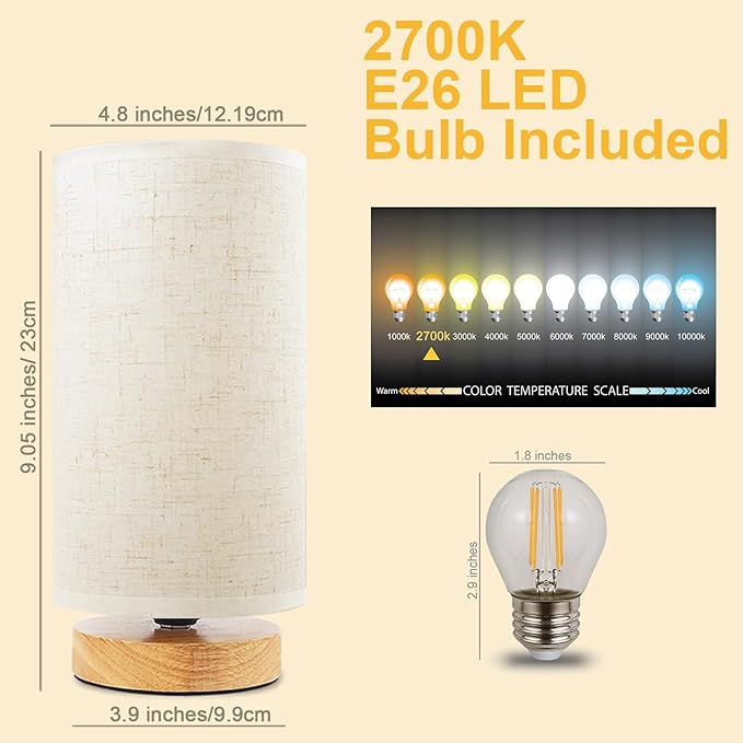 Small Bedside Table Lamp for Bedroom, Minimalist Wood Base & Round Fabric Shade, Mini Cute Cozy Warm White Nightstand Boho Lamp, Study Desk Night Stand Light for Room, Dorm, Nursery, Living Room
