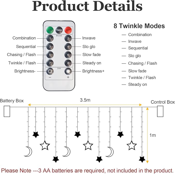 Lemical Star Moon Curtain Lights 11.5ft Battery Powered Remote Control LED Fairy Light Strings,8 Flashing Modes Waterproof Decorative Lights for Christmas, Party, Bedroom Decorations(Warm White)