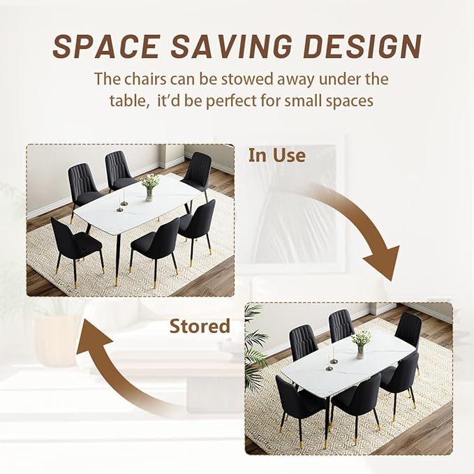 7 Piece Modern Dining Set, 62'' Sintered Stone Dinner Table for 6, 6 Chairs, Easy to Assemble