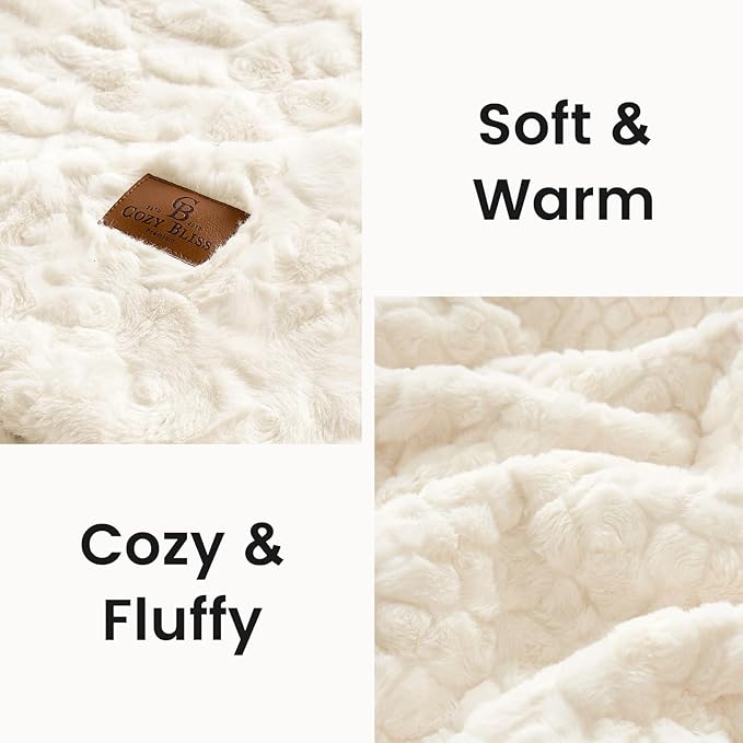 Cozy Bliss Faux Fur Throw Blanket for Couch, Fuzzy Soft Plush Thick Warm Fluffy Reversible Wave Textured Blanket for Sofa Bedroom Living Room, 55 * 70 Inches Cream White