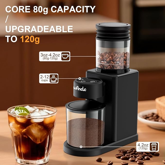 Wancle Conical Burr Coffee Grinder Touch Edition Electric Coffee Bean Grinder - 25 Grind Settings, Precision Timer, Anti-Static, Compact with Air Blower, 200W Motor