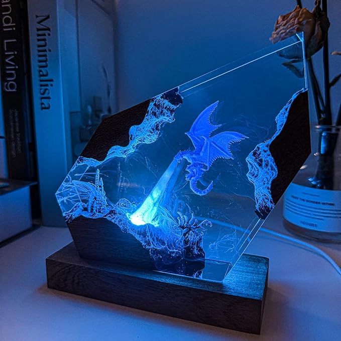 Epoxy Ice Dragon Resin Lamp, Handmade Resin Night Light with USB Port, Multi-Color LED Light, Ideal Home Bedroom Decor, Unique Birthday Holiday Gifts for Father Men Husband Boyfriend Him Kids (8"x5")
