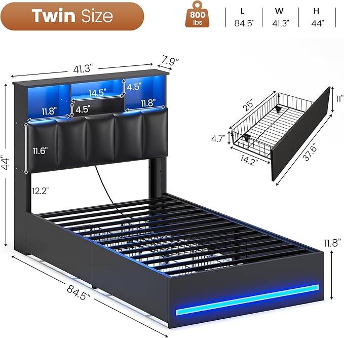 AOGLLATI Twin Bed Frame with 4 Storage Drawers & Charging Station & LED Lights, Twin Bed Frames with Stylish Bookcase Headboard, Led Bed Frame with Metal Slats, No Box Spring Needed,Black