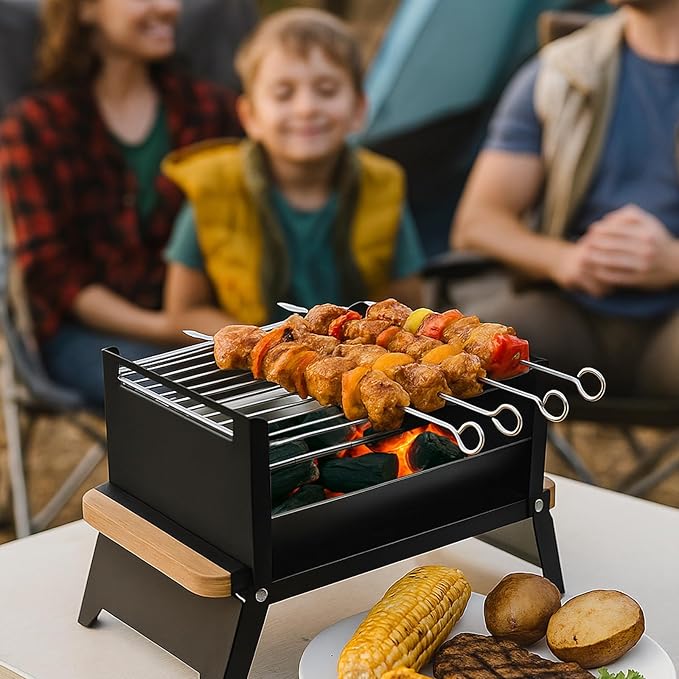 Portable Charcoal Grill with Wood Handle - Folding Tabletop BBQ, Portable Mini BBQ Grill, Compact Stainless Steel Grill for Outdoor Camping, Picnics & Backyard, Easy Setup & Clean