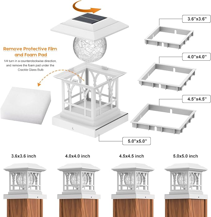 Fence Post Solar Lights, Crackle Glass Solar Post Cap Lights, 20 Lumens, Warm White & RGB Automatic Cycling 2 Modes for 3.6x3.6 4x4 4.5x4.5 5x5 Vinyl Wooden Posts Decoration, White (6 Pack)