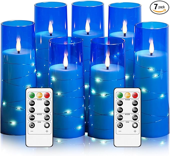 Flameless Candles,with Embedded Star String, Battery Operated Candles Flickering LED Pillar Candles with Remote Control and Timer, Home Decoration Add a Warm and Romantic Atmosphere，Set of 7 (Blue)