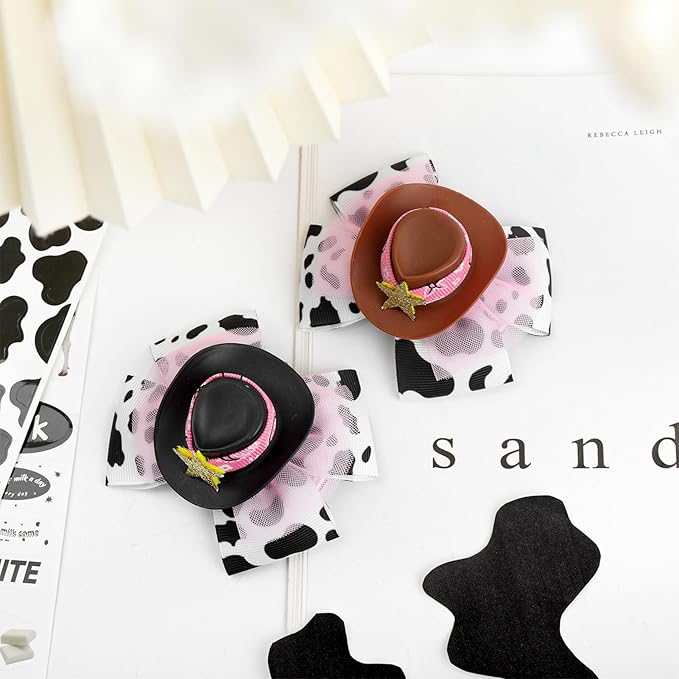 YanJie 3.5’’ Cowgirl Hat Bow Clips for Girls Western Hair Accessories Rodeo Outfit Cow Print Bows for Girl Birthday Gifts Back to School Clip