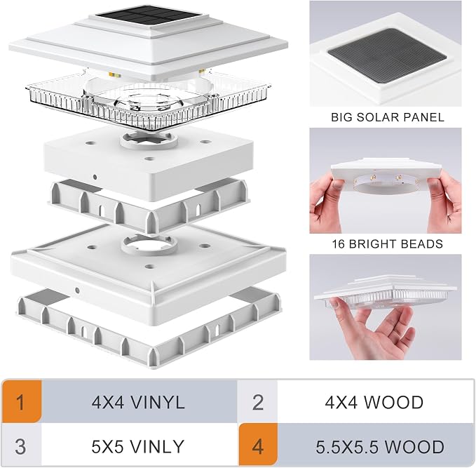 APONUO Solar Post Cap Lights 12-Pack, White IP64 Waterproof 16 LED Fence Post Solar Lights for 4x4 5x5 6x6 Wood/Vinyl Posts, 2-Mode Deck Post Lights Solar Powered, 10-Hr Lighting for Patio Yard Porch