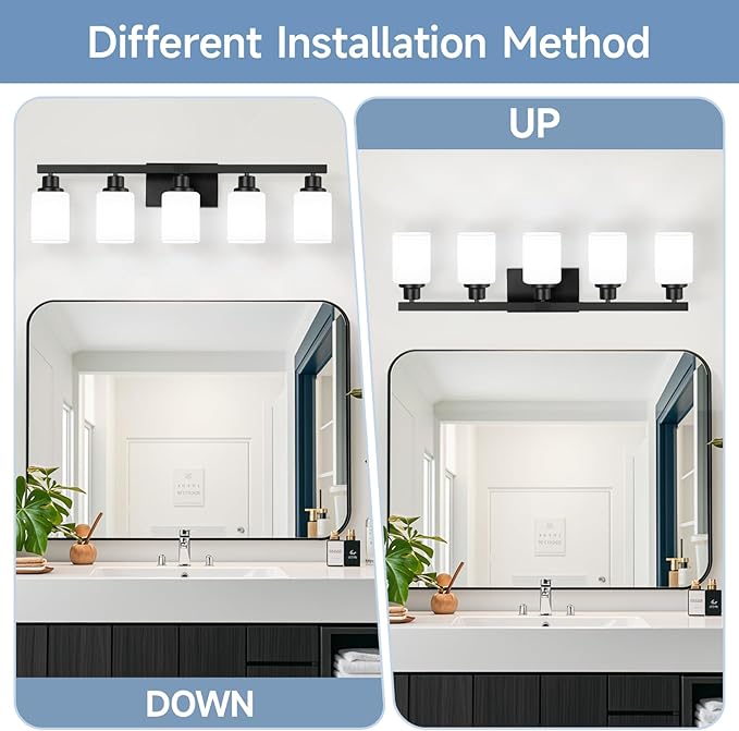 5-Light Bathroom Vanity Light, Modern Matte Black Bathroom Light Fixtures with Square Frosted Glass, Wall Sconces fixtures Over Mirror Restroom,Living Room Hallway E26