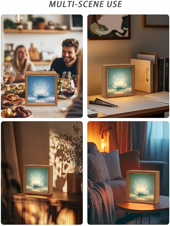 Wood Night Light Box 6.5x6.5in,Meditation Lotus Flower Table Lights Wooden Picture Frame with USB Rechargeable Touch LED Lights for Home Decor Desktop Display,Asian Zen Spiritual