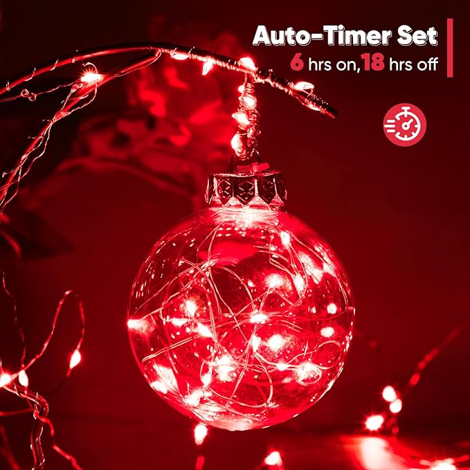 4 Pack 32.8 Ft. Battery Operated Outdoor String Lights with Remote & Timer, LED Red Fairy Lights, Waterproof Twinkle Lights for Bedroom, Dorm, Mason Jar, Wedding, Party, Christmas