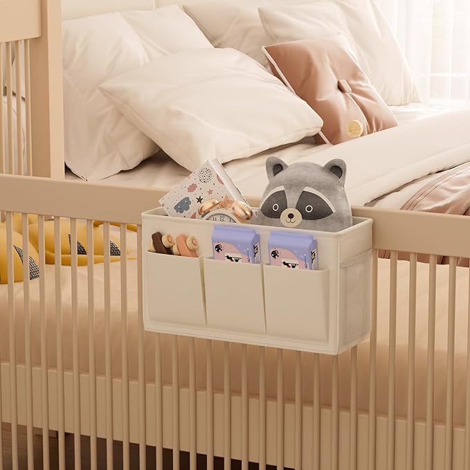 Dual-purpose Bedside Caddy Bedside Organizer, Bed Caddy with 6 Pockets, Versatile Bedside Storage Solution Magazine Remotes holder, ideal for Home, Dorm, Hospital, Crib Bed (White 2pcs)