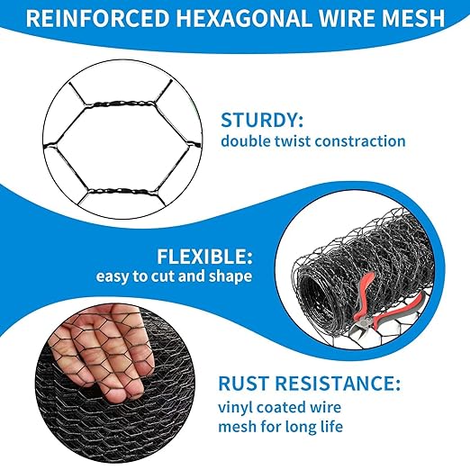 1/2 Inch Black Wire Mesh Roll - 24'' x 100' Chicken Wire Fence, 21 Gauge Hardware Cloth Poultry Netting for Garden/Animal Barrier/Rabbit/Floral/Chicken Coop/DIY Projects