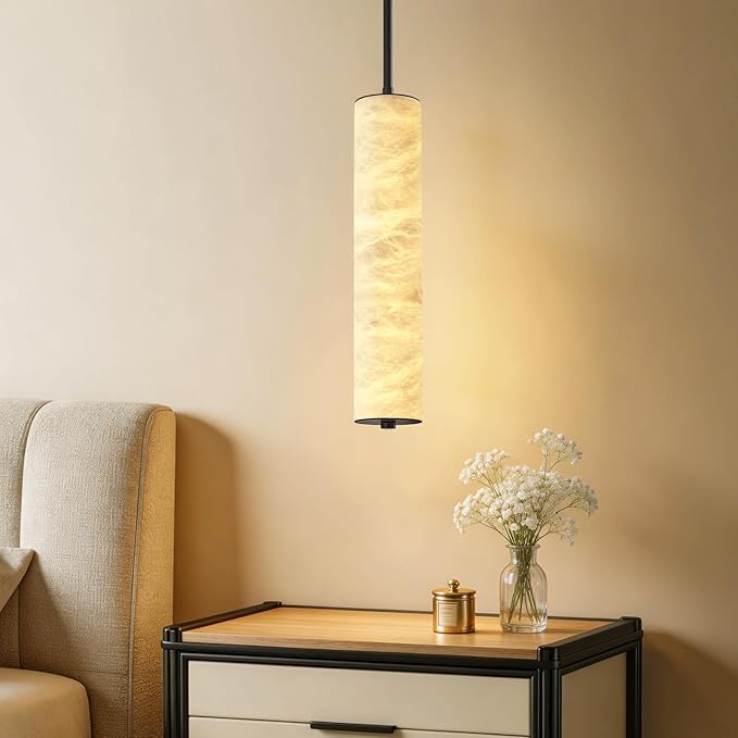 LMQNINE Natural Alabaster Pendant Lights White Marble 15" Long Tube Adjustable Boom Chandelier Modern 3000K Black Ceiling Light for Kitchen Island Bedroom Dining Room Living Room Hallway(S-1Pack)