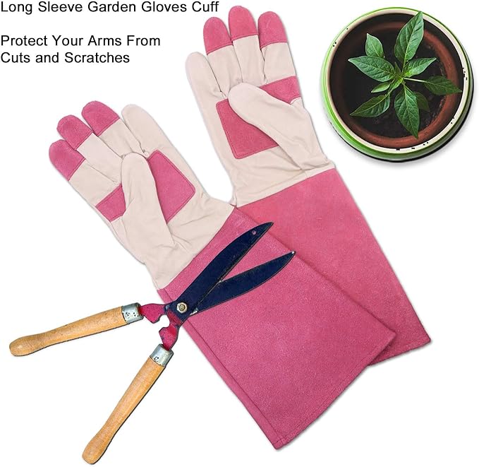 HLDD HANDLANDY Long Gardening Gloves, Leather Thorn Proof Rose Pruning Glove for Men & Women, Great Gift for Gardener
