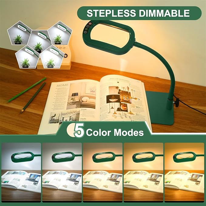 Veemagni 10X Rectangle Magnifying Glass with Light and Stand, Flexible Gooseneck LED Lighted Desk Lamp, 5 Color Modes Stepless Dimmable, Hands Free Magnifier for Reading Painting Close Work - Green
