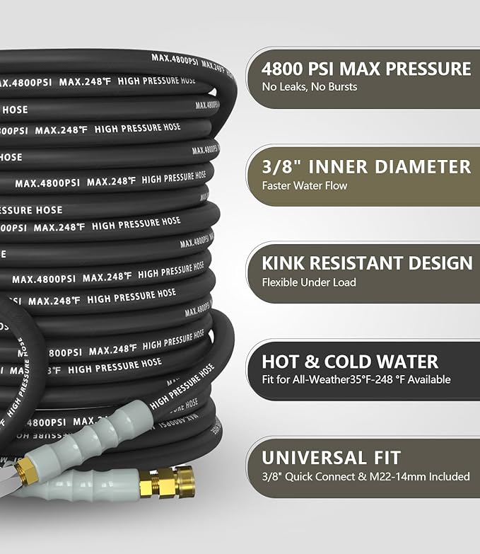 3/8" Pressure Washer Hose 150FT 4800 PSI, Kink Resistant Steel Braided Layer & NonMarking Rubber for Hot/Cold Water, High Power Washer Hose With 3/8 Inch Quick Connect & M22 Fitting, Black
