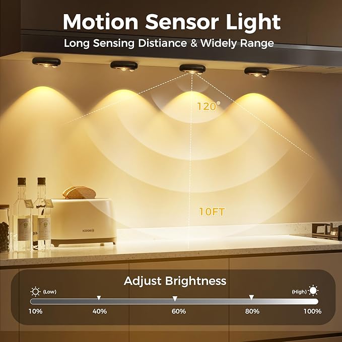 LED Motion Sensor Puck Lights, Small Rechargeable Under Cabinet Light, Dimmable Warm White Closet Lights, Wireless Under Cabinet Lighting for Drawer, Kitchen (4 Pack, Black)