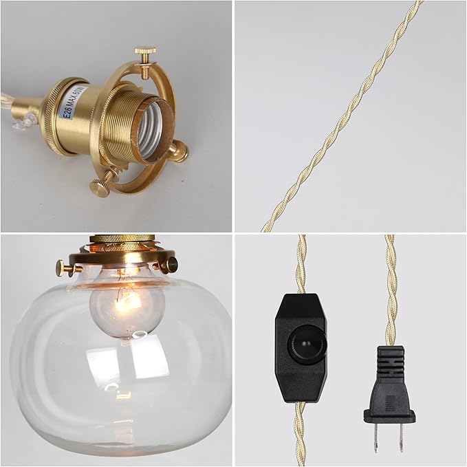 Plug in Glass Pendant Light with Dimmable Switch 4.72" Vintage Hanging Pendant Light Fixtures for Bedside Dining Room Foyer, Brass