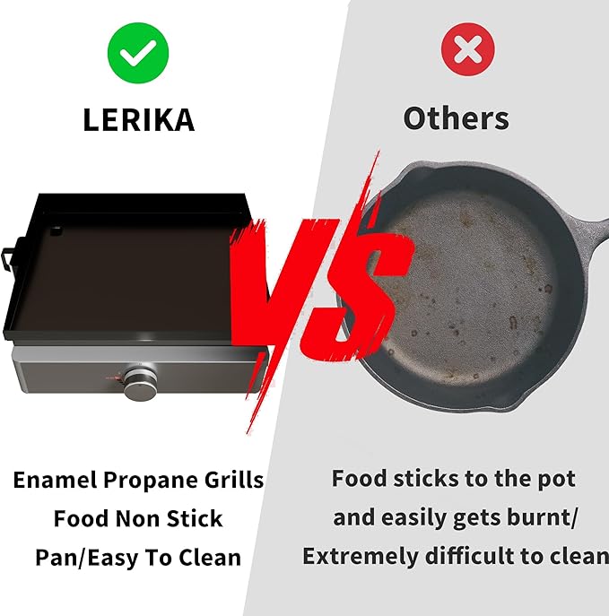 LERIKA 23" Tabletop Propane Gas Grilddle With Lid for Outdoor Kitchen Barbecue Grill, Non Stick Enamel/Durable Stainless Steel/1 Burner Portable Flat Top Grills
