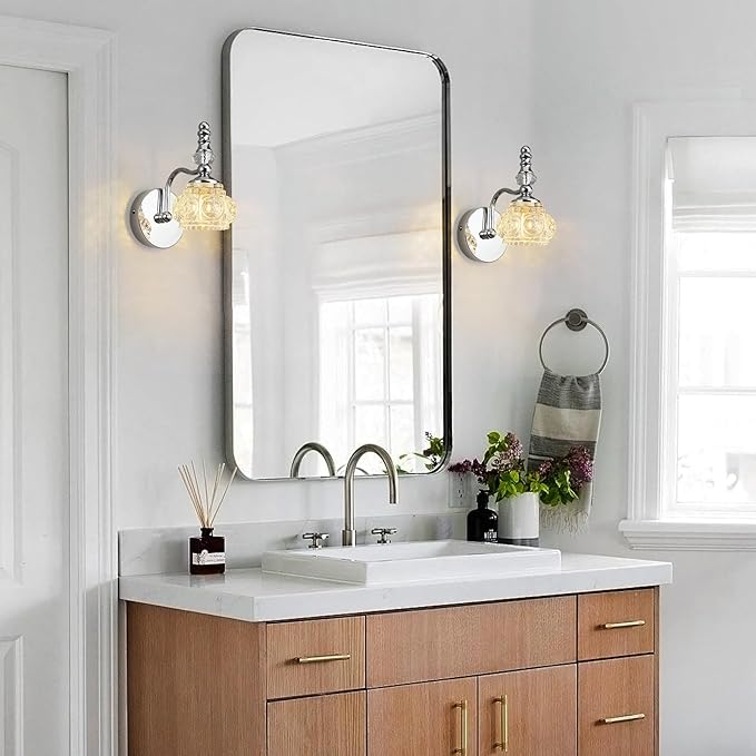 Modern Wall Sconces Set of Two Indoor Lamp Chrome Vintage Glass Light Bathroom Vanity Fixture Wall-Mounted Room Lighting