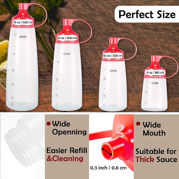 Condiment Squeeze Bottles for Sauces Pancake Batter Plastic - Wide Mouth Kitchen Ketchup Mustard Squirt Bottle Empty Dispenser for Icing Oil Salad Food Liquid for Griddle BBQ(2 PCS, 6 oz.)