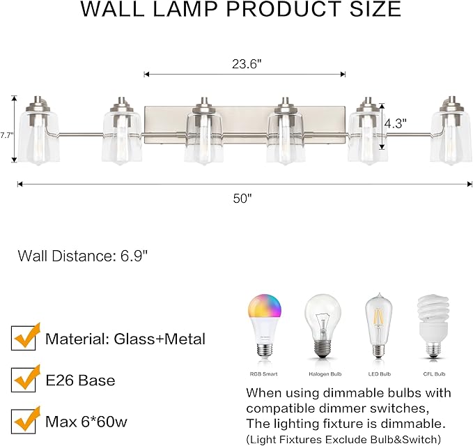 SOLFART 6 Light Bathroom Lights for Bathroom Brushed Nickel Vanity Light Bathroom Vanity Lighting Bath Light Fixtures Over Mirror