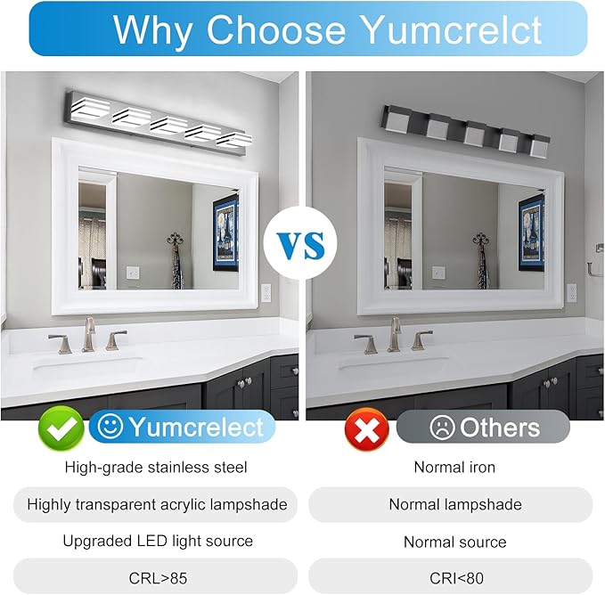 LED Vanity Lighting 30W Lights for Mirror 5 Light Bath Wall Lamps 34 Inch Bathroom Sink Lights over Vanity Modern Long Bath Lights Bars Chrome Wall Sconces Light for Bathroom Restroom 6000K